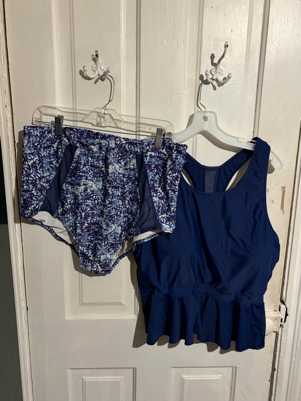 Latched Mama Two-Piece Navy Blue Swim Set with Patterned High-Waist Bottoms